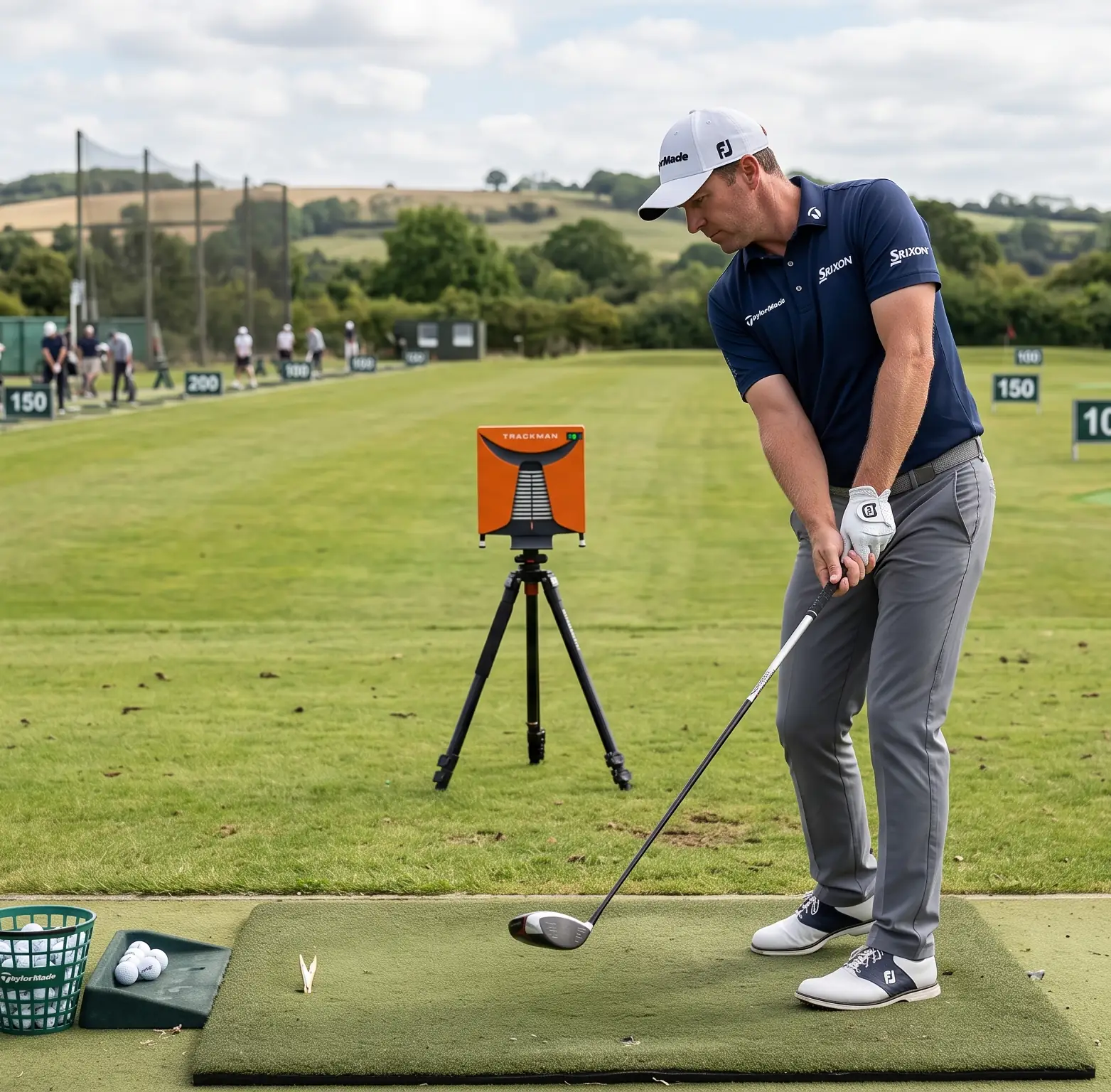 Golfer bei der Trackman-Schlaganalyse auf einer Driving Range
