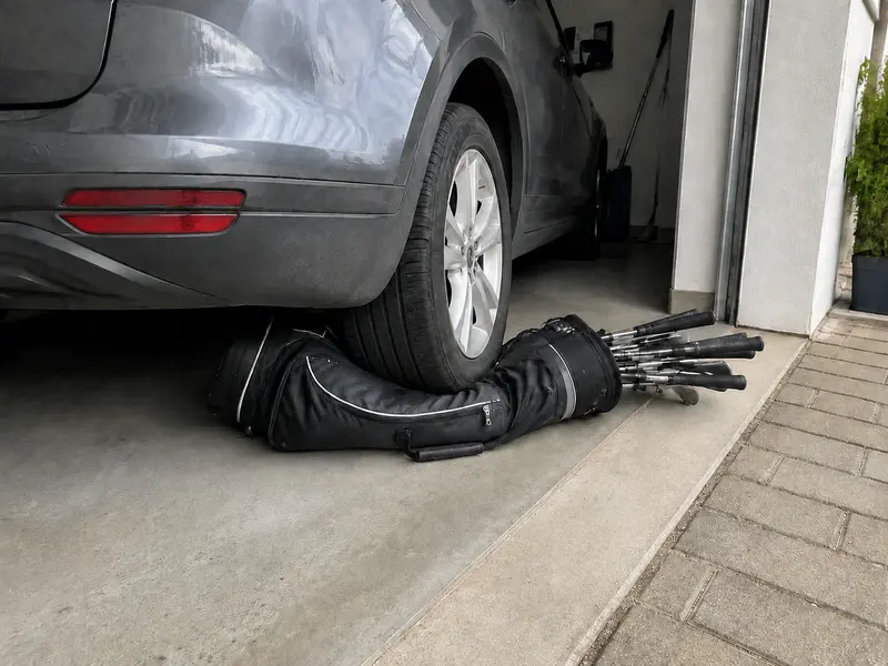 Auto hat beim Zurücksetzen in einer Garage versehentlich ein Golfbag überfahren, KI-generierte Darstellung
