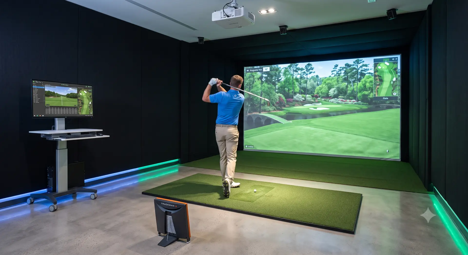 Golfer an einer Trackman-Golfsimulator-Anlage in einem modernen Indoor-Golfraum