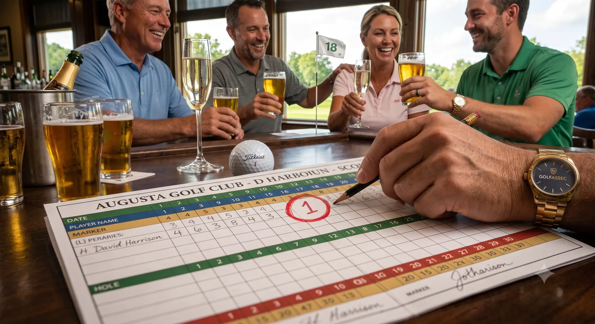 Golfer feiern nach einem Hole-in-One gemeinsam im Clubhaus