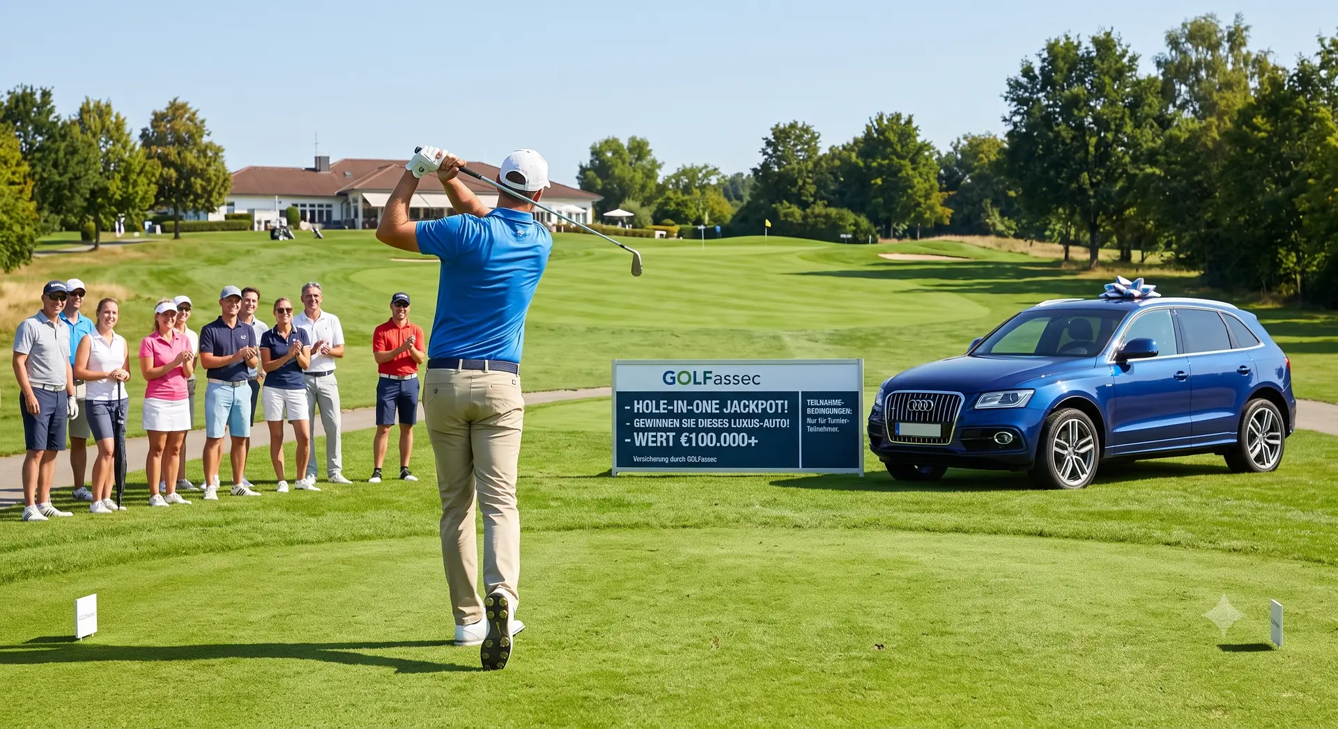 Golfer bei einem Hole-in-One-Wettbewerb mit Zuschauern und einem Fahrzeug als Hauptgewinn