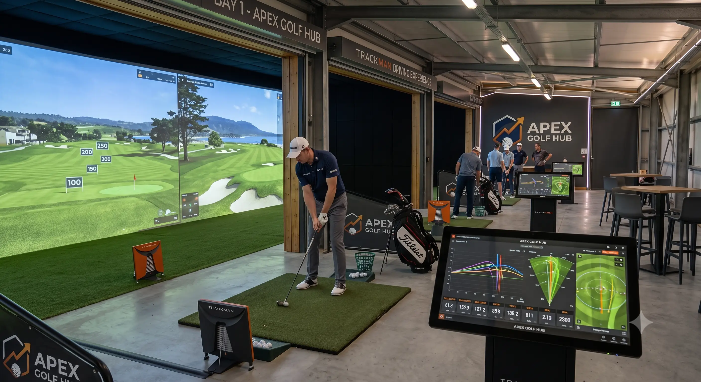 Indoor-Golfanlage mit Trackman-System, Simulator und Auswertungsmonitor