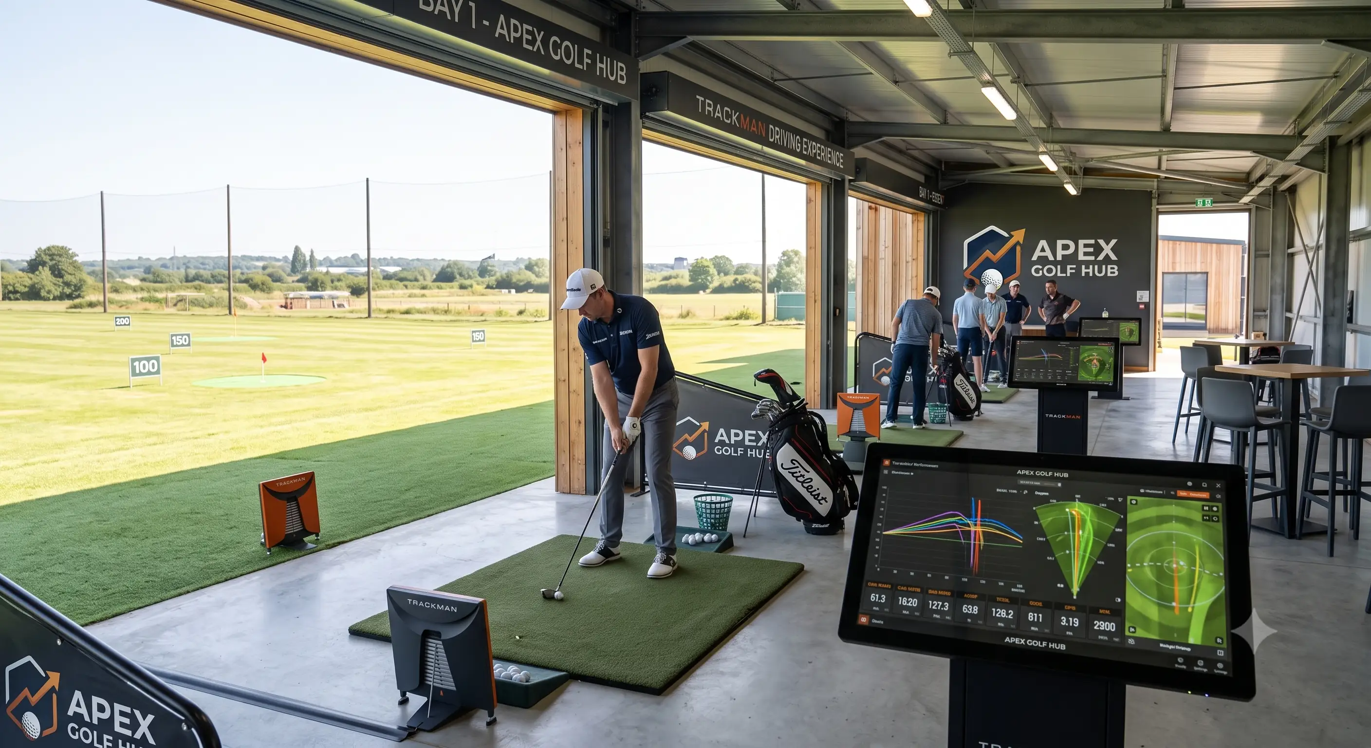 Überdachte Driving Range mit Trackman-Schlaganalyse und Auswertungsmonitor